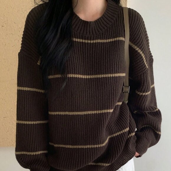 Multicolor Casual Women's Striped Loose Fit Crew Neck Sweater - Picture 3 of 9